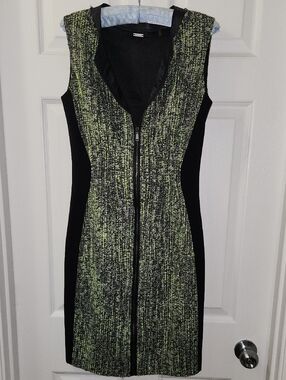 Elie Tahari Black and Lime Green Tweed Midi Dress